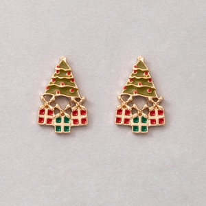 Christmas tree stud earrings with festive red and green enamel in gold metal frame