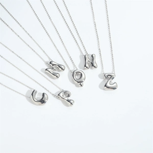 Polished silver bubble initial necklaces with 3D puffy letters U P M Q N Z on fine chains