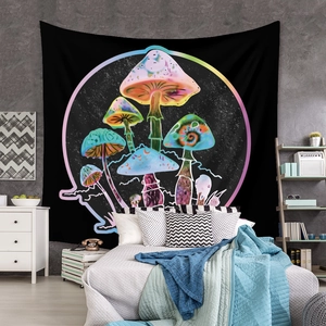Bohemian mushroom wall tapestry with vibrant neon psychedelic design for bedroom decor