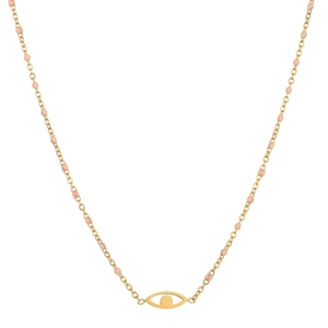 Détail du collier pendentif œil porte-bonheur doré avec perles roses sur chaîne fine