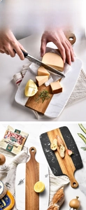 Detail showing the wood and marble joint of the cutting board with handle and hang hole