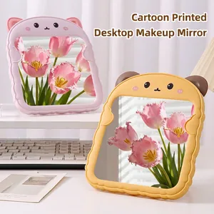 Foldable cartoon tabletop makeup mirror with wave edges and animal ears in pink and yellow