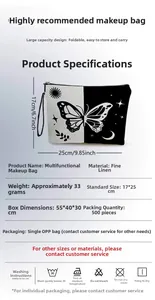 Cosmetic bag size details showing 17x25cm dimensions and fine linen material specs