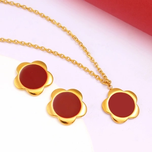 Elegant 316L stainless steel jewelry set featuring red five-petal flower necklace and studs