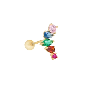 Detailed view of golden helix stud featuring vibrant multi-colored zirconia stones