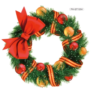 Christmas wreath wall sticker with red bow, ornaments and artificial snow pattern