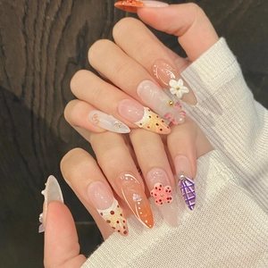 Tropical style handmade long oval press-on nails with 3D flowers and pearls