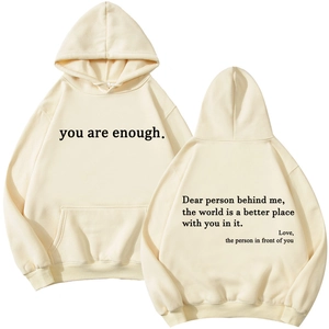 Sweat à capuche beige avec imprimé You Are Enough et texte de motivation au dos du vêtement