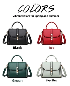 Detailed view of women's shoulder bags in black, red, green, and light blue colors