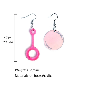 Asymmetric pink bubble wand and circle acrylic earrings with iron hooks for summer