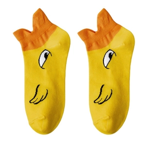Cute yellow duck cartoon cotton socks for women, breathable short ankle hosiery with orange accents
