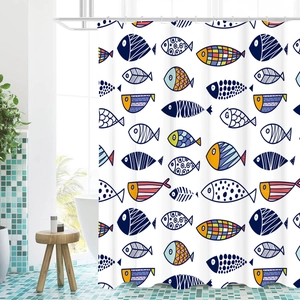 Waterproof white shower curtain with colorful hand-drawn cartoon fish and metal hooks