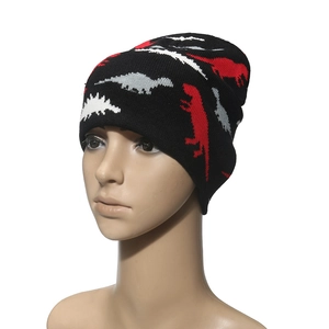 Winter knitted beanie in black with colorful dinosaur silhouettes pattern for warmth
