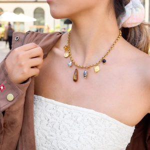 Collier vintage en acier inoxydable avec pendentif fleur oeil de tigre et pièces dorées