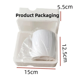 Vue détaillée de l'emballage de la tasse en céramique, dimensions 15cm de large et 12,5cm haut