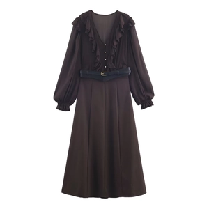 Long Sleeved Maxi Dress Polyester Chiffon Deep V Neck Ruffled Layered Elegant Solid Brown With Black Leather Belt