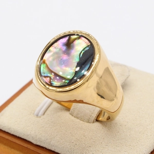 Minimalist gold titanium steel oval abalone shell ring with high-quality polished finish
