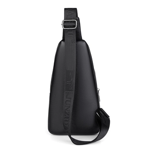 Men's black faux leather chest bag with adjustable strap and silver hardware buckle