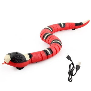 Interactive electric snake cat toy with realistic stripes and USB charging cable included
