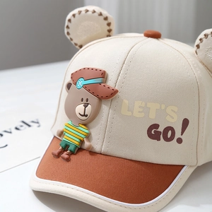 Toddler bear baseball cap with 3D ears and Let's Go text in beige and brown colors