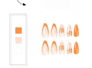 Detail of 10-piece almond press-on nails with orange floral designs and French tips