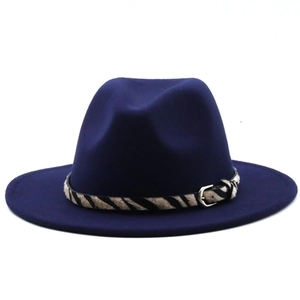 Navy wool fedora featuring a zebra print band and silver metal buckle detail