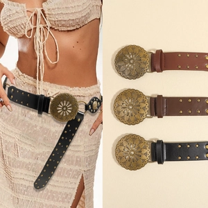 Ceinture en Cuir PU Vintage Bohème pour Femmes Avec Rivets Grande Boucle Ronde Creuse en Bronze Style Western Cowgirl