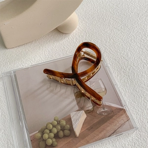 Close-up of tortoise shell pattern claw clip with golden metal spring on CD case