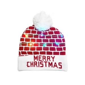 LED Christmas knitted hat with colorful lights and Merry Christmas text on white background