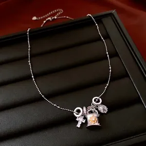 Adjustable cross zircon pendant necklace with sunflower lock and crystal charms