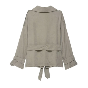 Back view of a casual grey suede lapel short trench coat with a belted waist for women