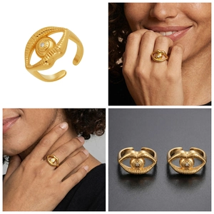 Detail of adjustable gold-plated stainless steel ring with eye and lip zircon design