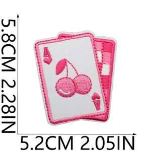 Close-up of pink cherry playing cards embroidery patch with size measurements
