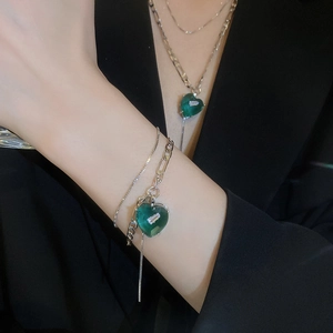 Vintage double layered silver necklace set with heart shaped green emerald zircon pendants