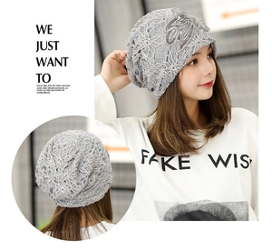 Detail of grey lace floral knit beanie with sequins showing back view and texture