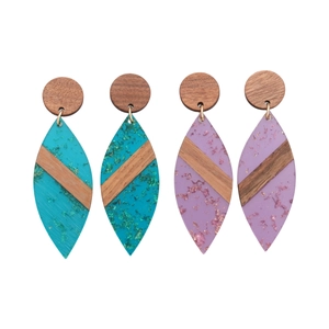 Bohemian geometric acrylic and wood drop earrings with gold foil and silver needles