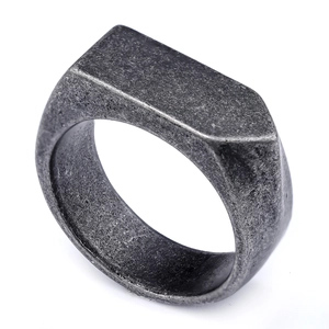 Men's wide geometric stainless steel ring in antique silver finish with industrial look