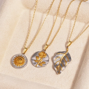 Sun Face Rose Leaf Pendant Necklace Titanium Steel Two Tone O Chain Vintage Minimalist Jewelry For Women Men