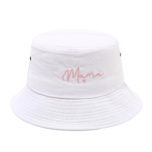 White cotton bucket hat with pink Mama embroidery and heart detail on plain white background