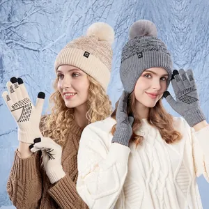 Women Winter Knitted Earflap Hat And Touchscreen Gloves Acrylic Plush Lined Beanie With Faux Fur Pom-Pom Thermal Warm