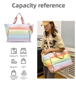 Rainbow gradient fitness bag capacity detail showing storage for clothes and gear