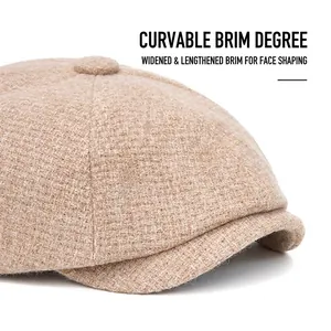 Knit newsboy cap with flexible brim and wide profile for winter face framing style