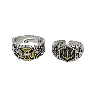 Retro S925 sterling silver trident and cross crest open adjustable rings for men