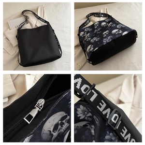 Detail of nylon crossbody bag with skull print, LOVE strap and metallic zipper