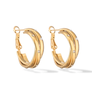 18K gold plated titanium steel double-layer crisscross hoop earrings with small diamonds
