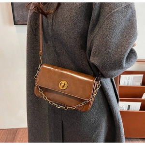 Close-up of brown square crossbody bag with gold lock and chain on a stylish model