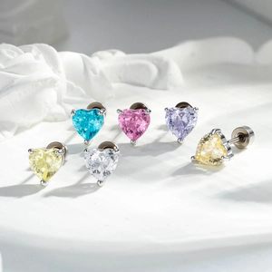 Heart Shaped Zircon Cartilage Ear Stud Titanium Steel Flat Screw Back Piercing Jewelry For Women Sweet INS Style