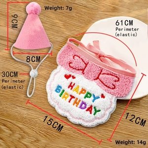 Detailed dimensions of pink pet birthday hat and Happy Birthday embroidered bib set