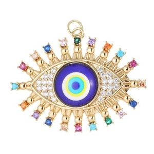 14K gold plated Evil Eye pendant featuring colorful zircon stones on a white background