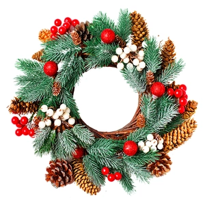 Christmas wreath window sticker with green pine branches, brown cones and red berries